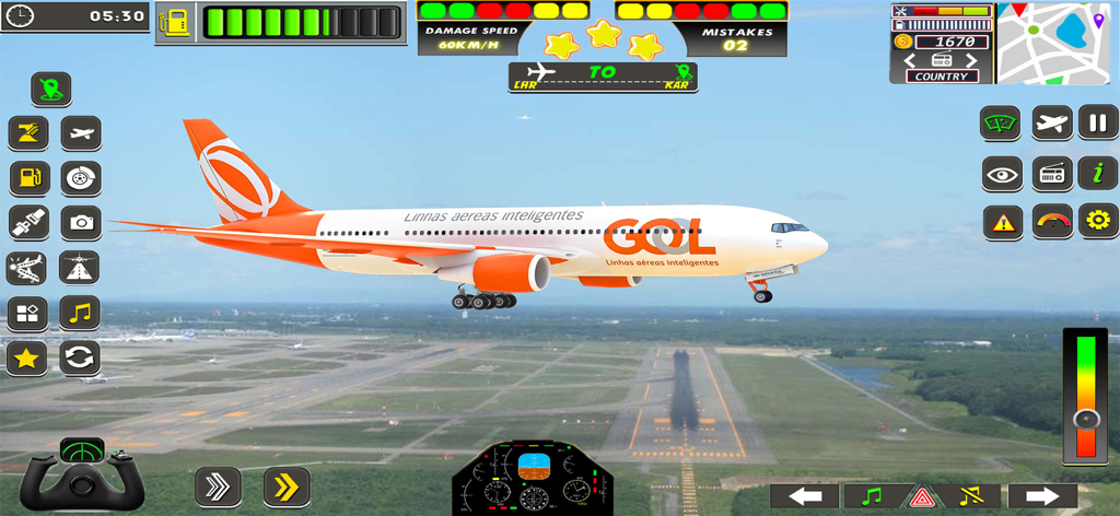 Sky Route Missions - A commercial airplane flying over an airport runway with gameplay UI in Sky Route Missions