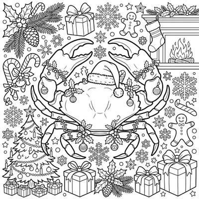 Unwrap a unique holiday coloring experience with our Stone Crab Christmas page! This charming design features a cheerful crab in a Santa hat, surrounded by classic festive symbols like trees, gifts, and snowflakes.