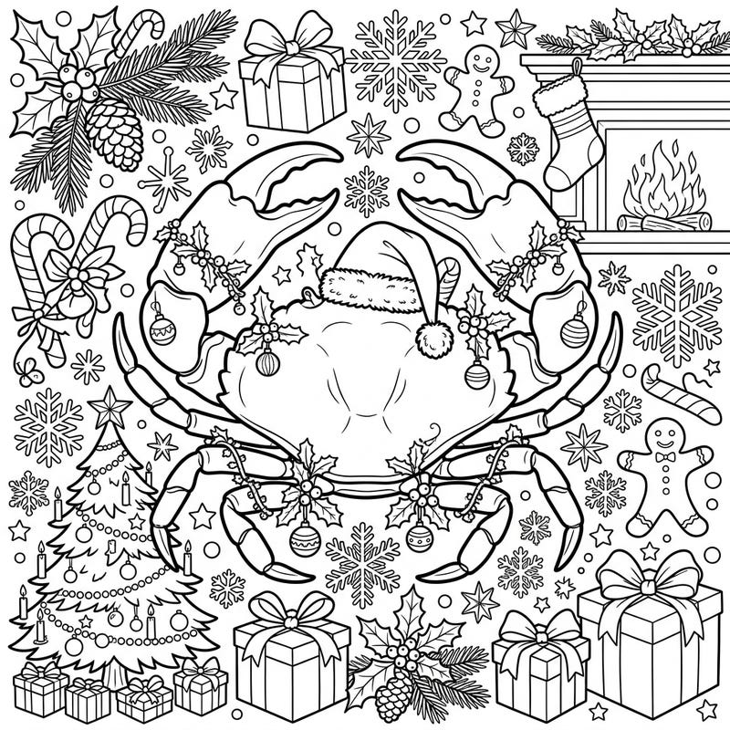 Unwrap a unique holiday coloring experience with our Stone Crab Christmas page! This charming design features a cheerful crab in a Santa hat, surrounded by classic festive symbols like trees, gifts, and snowflakes.