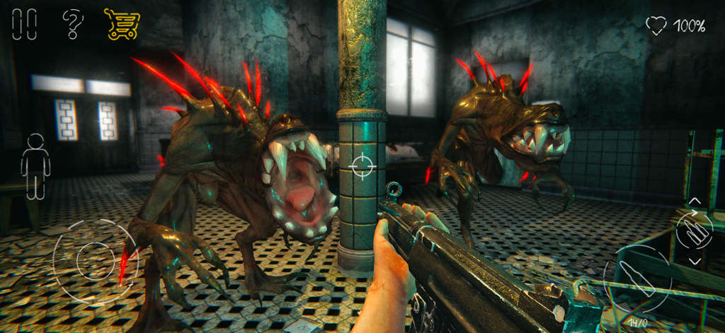 Death Park 2: Scary Clown Game - Vista en primera persona de un jugador luchando contra monstruos en una habitación oscura