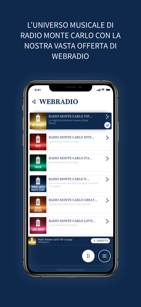 Interfaz de la aplicación Radio Monte Carlo mostrando una lista de estaciones de radio web temáticas como VIP Lounge y Hits