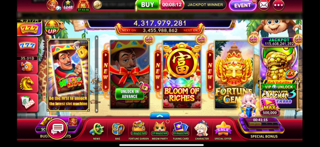 Menú principal de GoldenHoYeah Slots con varios juegos de tragamonedas como Bloom of Riches y Fortune Gems