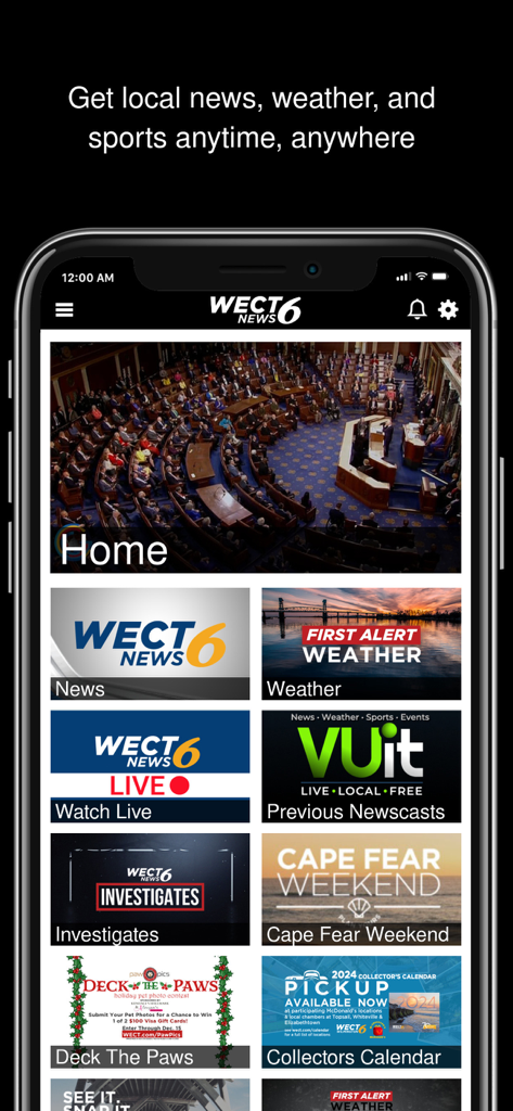 WECT 6 Where News Comes First - WECT 6 News app home screen showing local news, weather, and live video sections