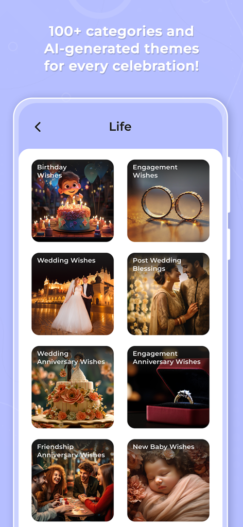 GreetingAI - AI Card Maker - GreetingAI app screen showing different card templates for life celebrations