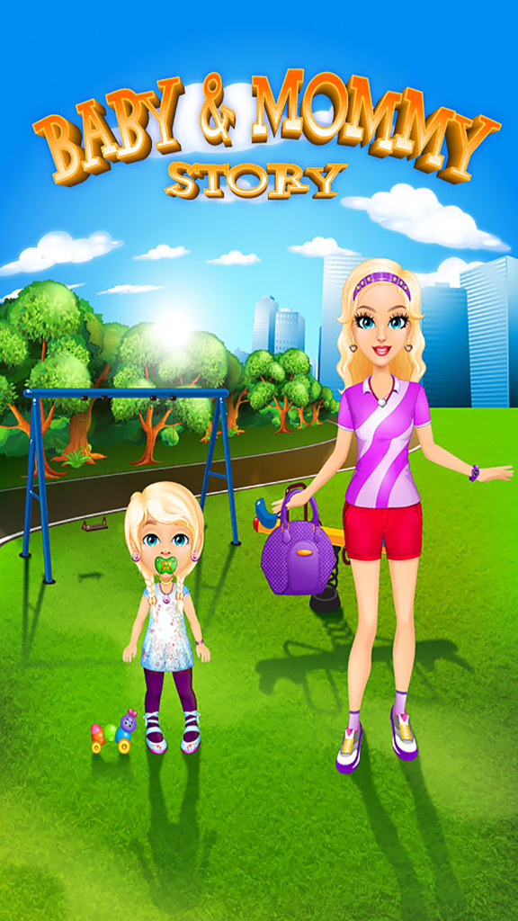 Baby & Mommy Story - Kids Games (Boys & Girls) - A mother and young girl character standing in a sunny park with a playground in the background.
