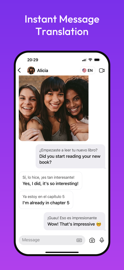 Entiendo - Multilingual Chat - Interface de l'application mobile Entiendo montrant la traduction en temps réel des messages de chat entre l'espagnol et l'anglais