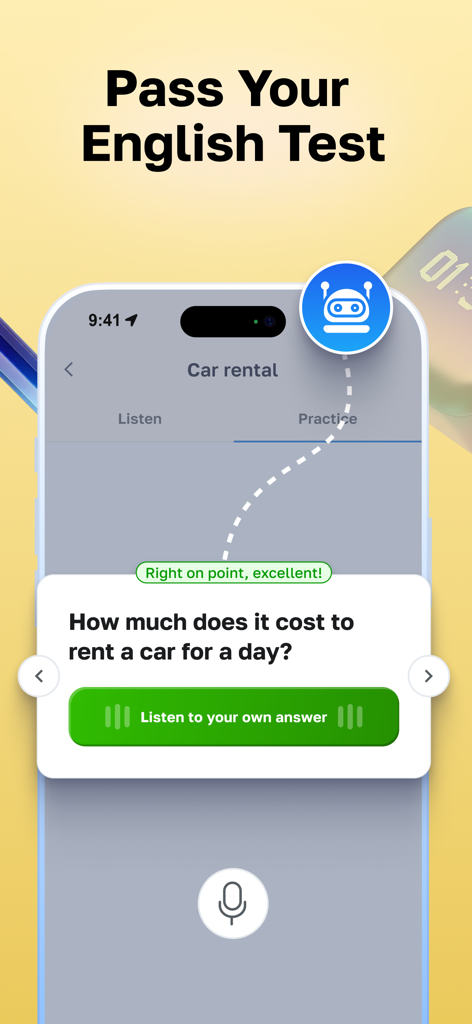Lisn Learn Speak English Audio - Lisn app interface showing an English speaking practice screen for car rental dialogues and exam preparation
