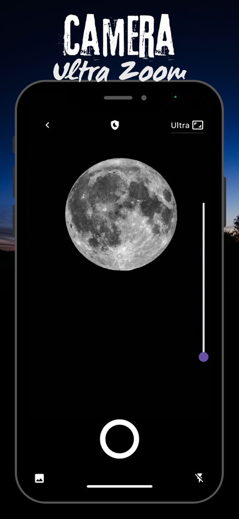 Ultra Camera Zoom app interface showing a clear zoomed in shot of the full moon