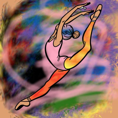 gymnast doing a leap in a leotard with a bent back leg