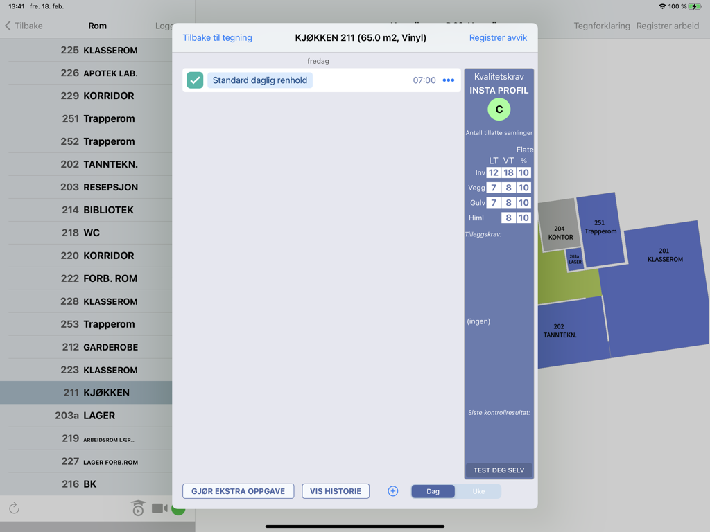 CleanPilot Go - Digital cleaning plan dashboard on iPad showing room status and building floor plan