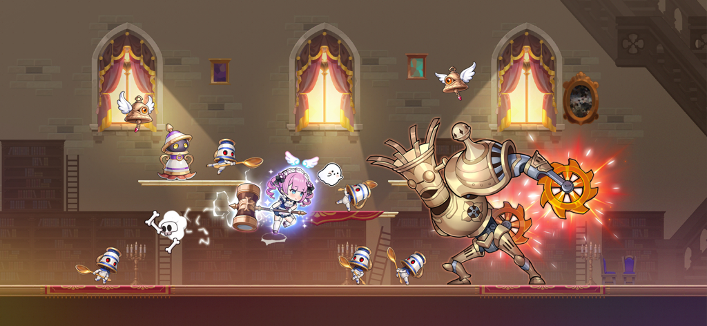 Hero Blitz: RPG Roguelike War - A chibi anime hero fighting a giant mechanical boss in a library dungeon
