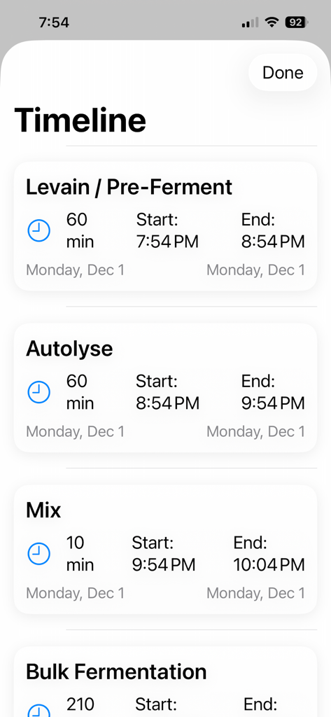 Dough Timer - Chronological timeline of sourdough baking stages including pre-ferment autolyse and mixing steps with specific start and end times