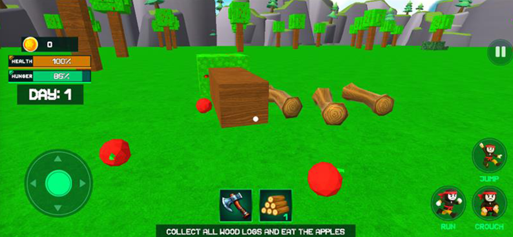 Survival Nights: Forest Escape - Survival game screen showing wood logs and apples to collect in a green forest with health and hunger bars