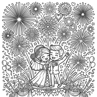 Ignite your artistic flair with this dazzling Pop Art wedding fireworks coloring page! Join a joyful couple as vibrant explosions and confetti fill the sky, all rendered in bold, graphic style.