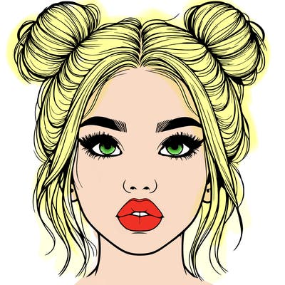realistic girl with two buns on her hair and lips