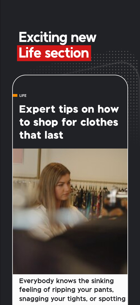 1NEWS - A mobile app screen for the 1NEWS Life section with tips on shopping for sustainable clothing