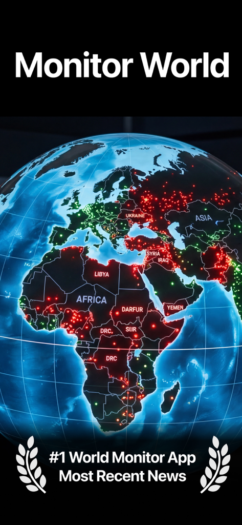 World Monitor App - Digital globe showing real-time global intelligence and conflict zones with red and green markers