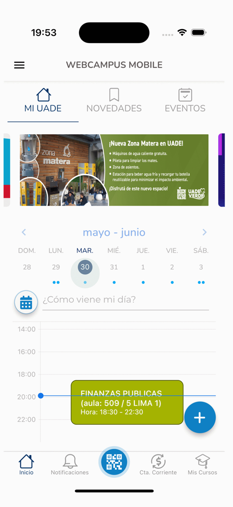 Panel de la aplicación móvil UADE Webcampus mostrando el calendario del estudiante y el horario de clases