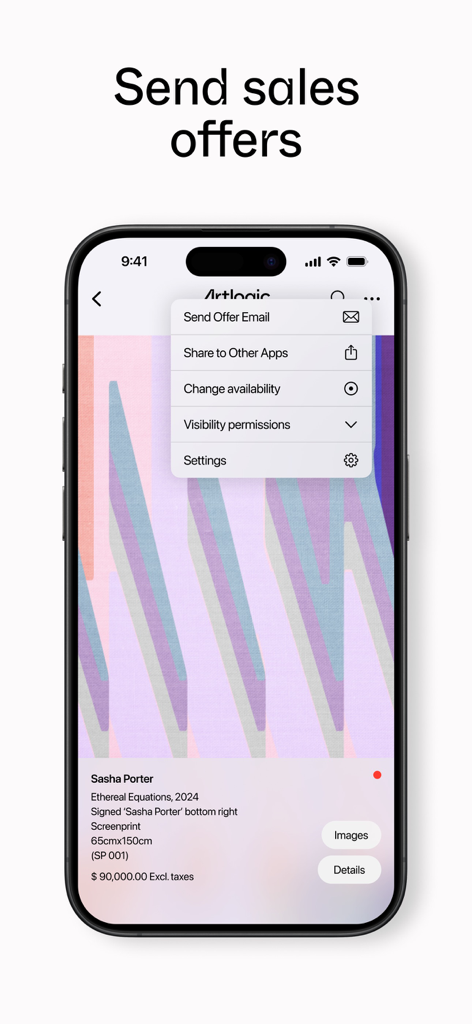 Artlogic mobile app interface showing an artwork with options to send a sales offer email and manage visibility permissions.