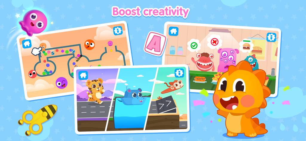 Joyville: Kids Learning Games - Juegos de aprendizaje preescolar y personajes coloridos en la aplicación Joyville con actividades educativas para niños.