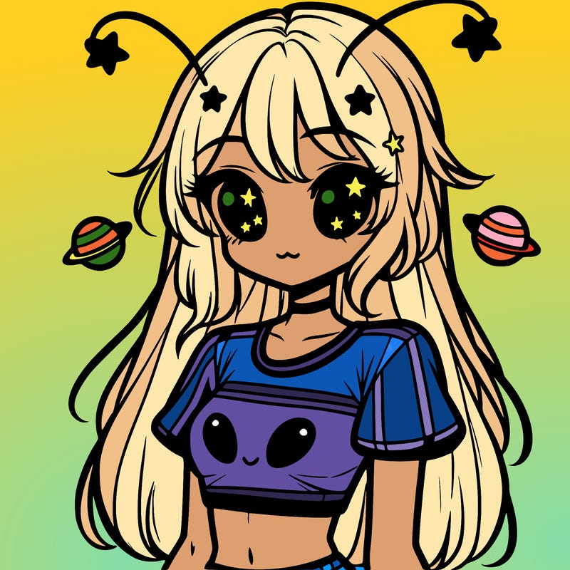 a anime alien girl wearing a crop top with star accessories