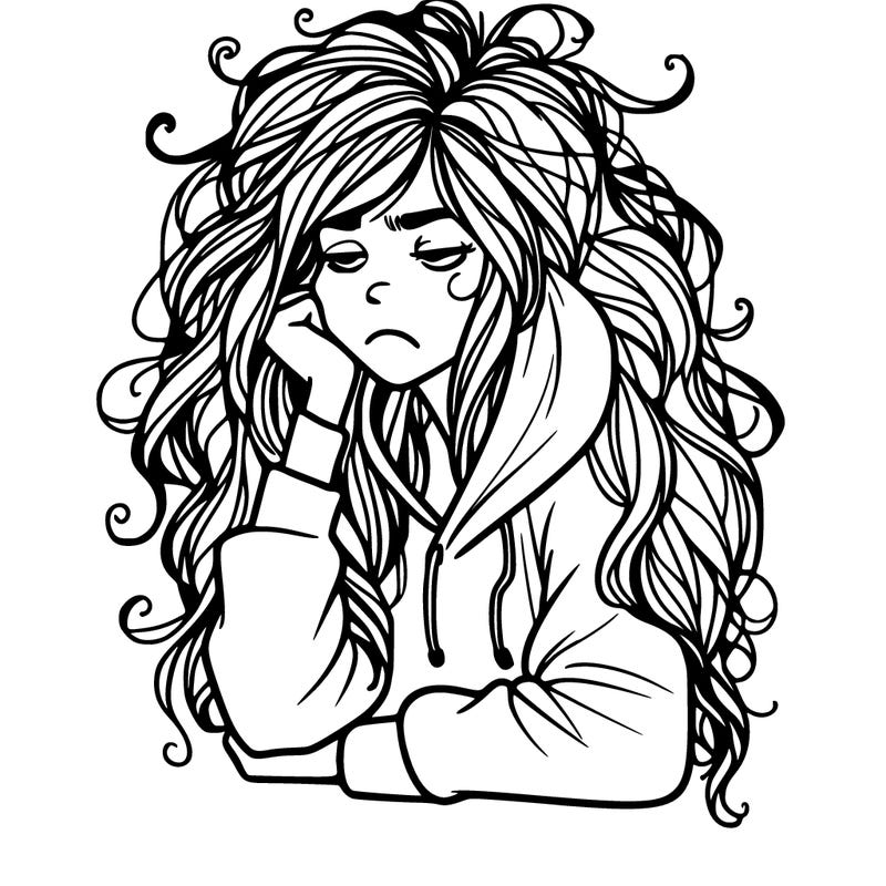 tired woman with messy hair and hoodie