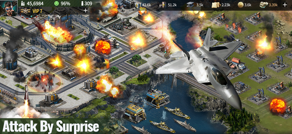 War Games - Commander - A fighter jet and naval fleet performing a surprise air strike on a military base