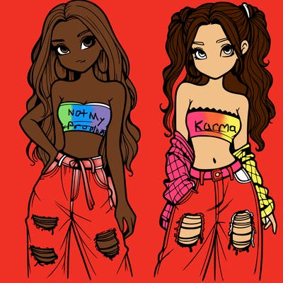 2 girls in crop tops and baggy jeans ripped