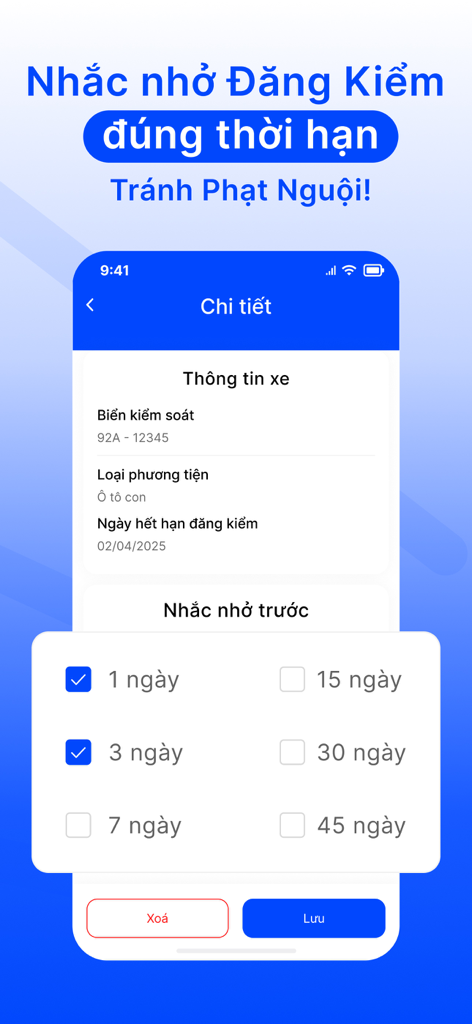 Tra cứu phạt nguội toàn quốc. - Interface of the app showing vehicle registration details and reminder options for different days.