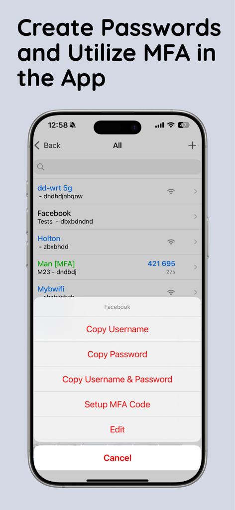 Finger Vault app interface on an iPhone displaying a list of passwords and multi factor authentication codes