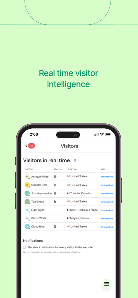Mobile app interface of Conversations by Brevo showing real time visitor intelligence with a list of website visitors and their locations