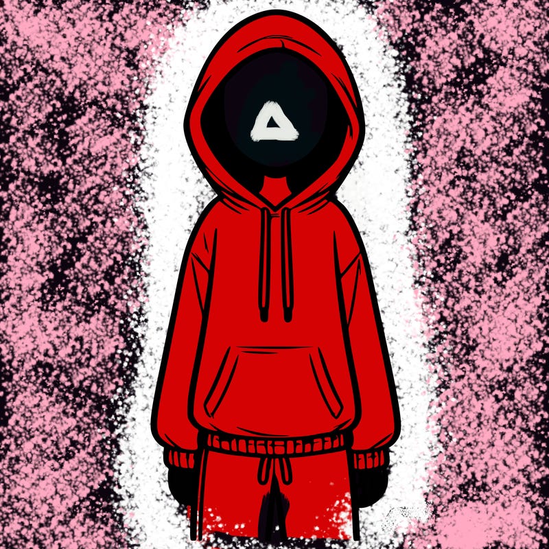 faceless girl in a tracksuit with a hood on and no hair