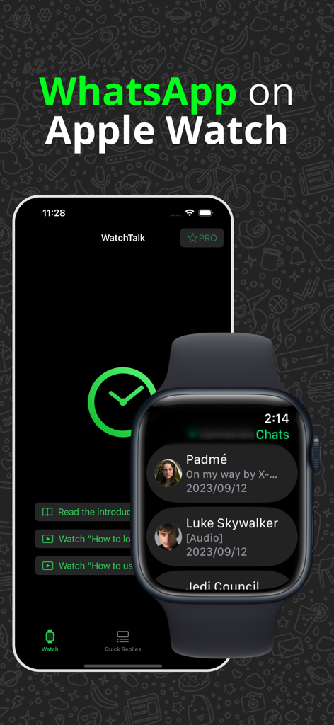 WatchTalk: Chat on Watch - La aplicación WatchTalk mostrando una lista de chats de WhatsApp en un Apple Watch y la interfaz principal en un iPhone
