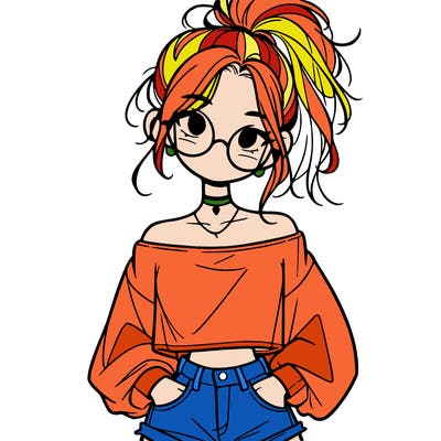 girl with a messy ponytail glasses a baggy crop top and jean shorts
