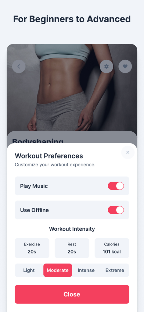 WeBurn: Home Workout for Women - Pantalla de configuración de preferencias de entrenamiento de WeBurn que muestra niveles de intensidad y opciones de música