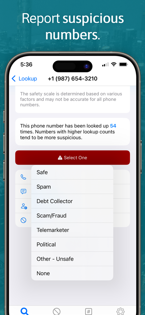 Reverse Lookup - Interface of Reverse Lookup app showing options to report a phone number as spam or scam