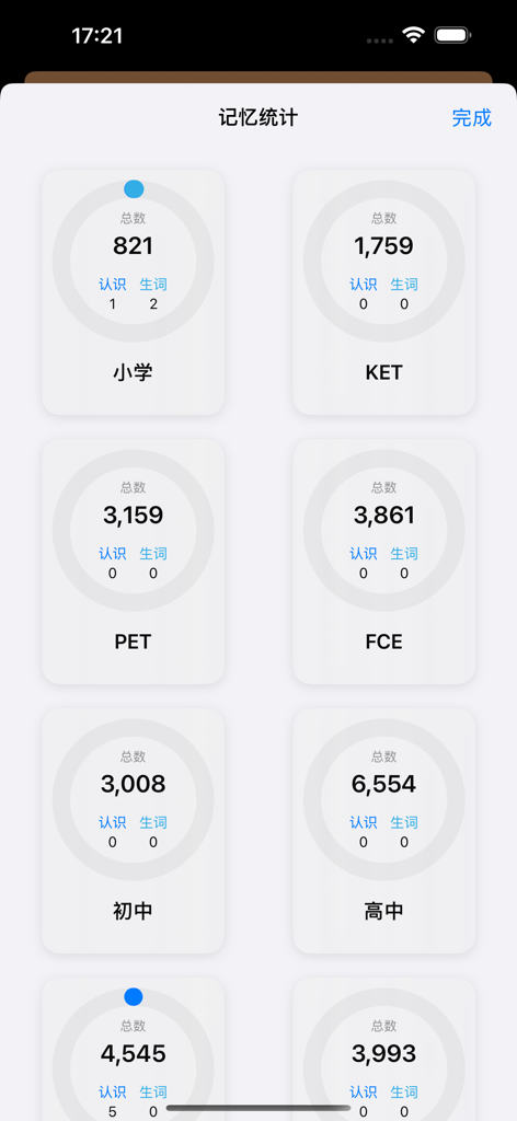 刷刷单词 - Shua Shua Dan Ci app memory statistics screen displaying word counts and progress for various English proficiency levels including KET PET and academic grades