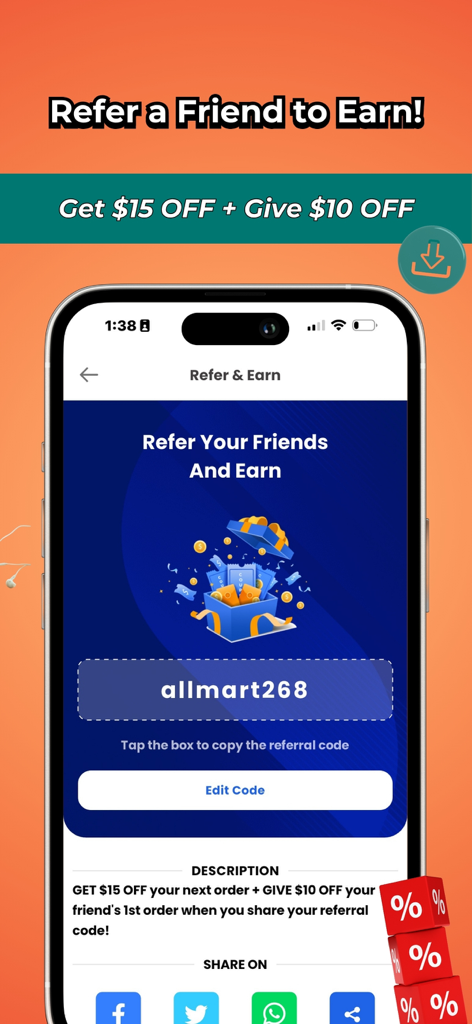 AllMart app referral screen showing a 15 dollar discount for the referrer and 10 dollars for the friend