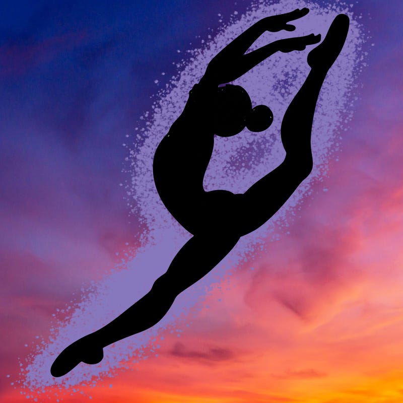 gymnast doing a leap in a leotard with a bent back leg