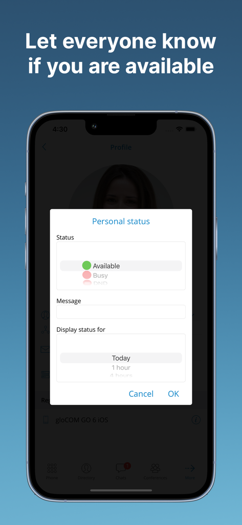 Oberfläche zum Festlegen des persönlichen Verfügbarkeitsstatus in der mobilen App Communicator GO 7.