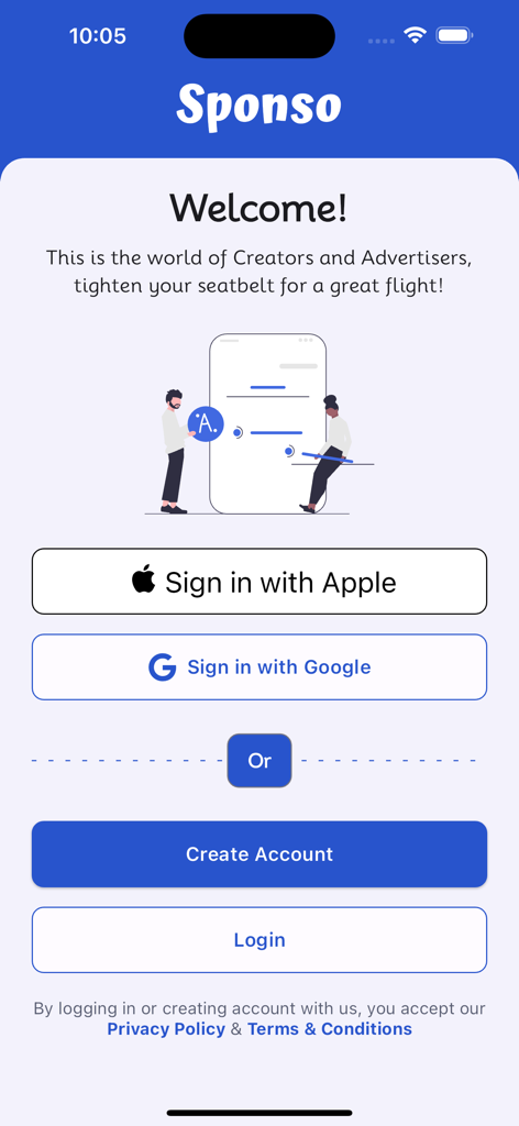Sponso® - Creator Sponsorships - Sponso app welcome screen with login and signup options for creators and advertisers.