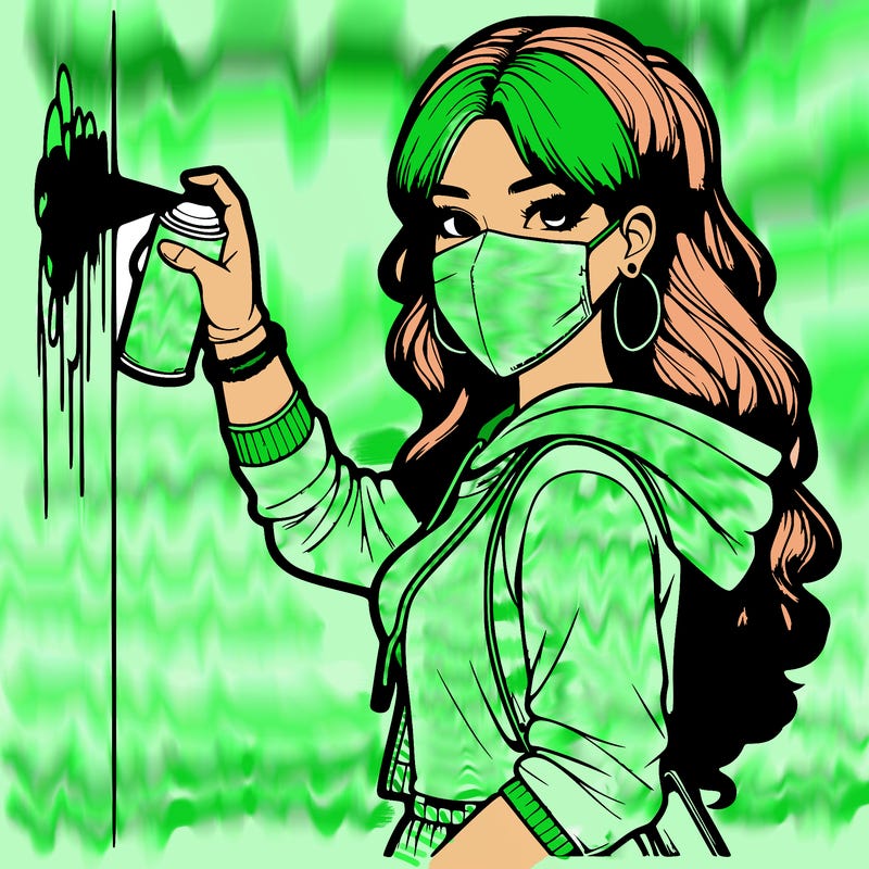 realistic girl with mask spray painting a wall