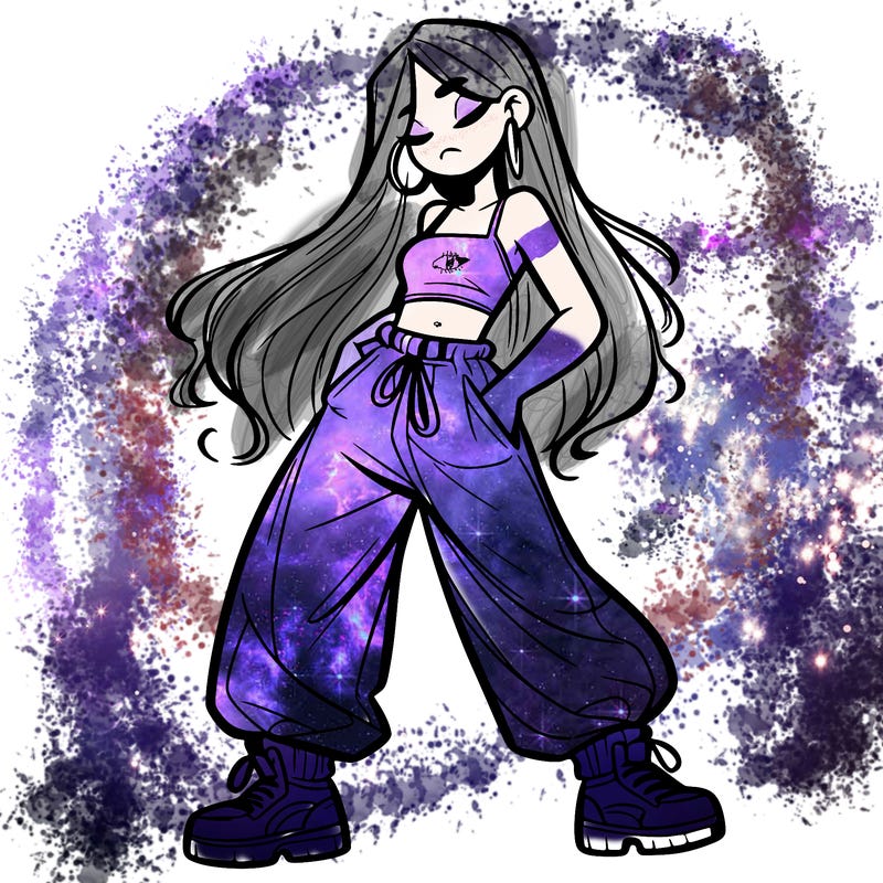 girl in baggy pants crop top and long hair