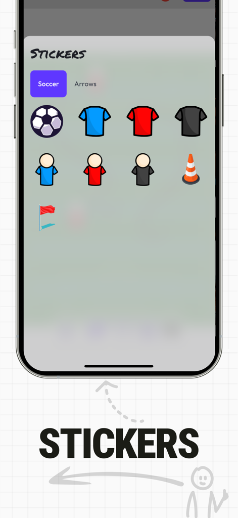 Soccer tactics board - Sply - A screen from the Sply app displaying a variety of soccer-themed stickers for tactical planning, including jerseys, players, and cones.