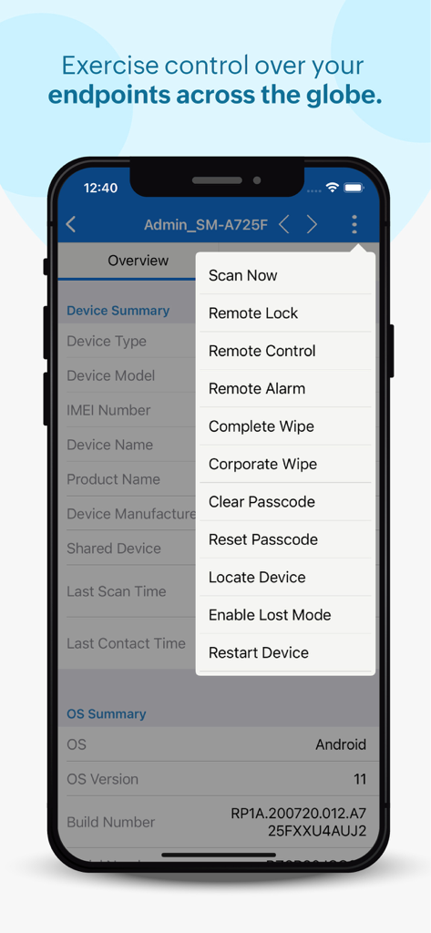 Endpoint Central - Endpoint Central mobile app displaying remote device management menu with options for remote lock wipe and control