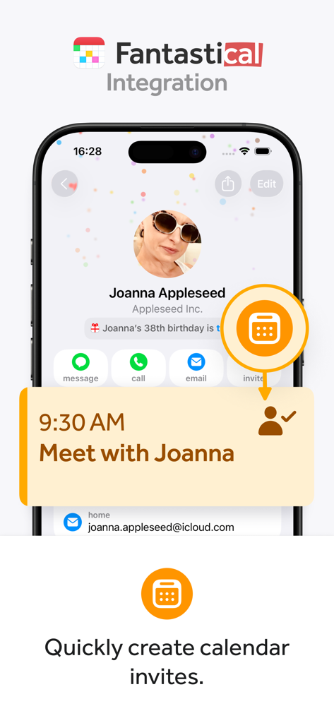 Cardhop app interface demonstrating Fantastical integration to quickly create calendar invites for a contact.