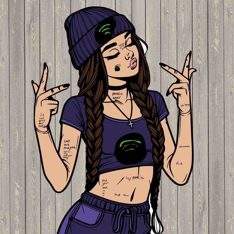 realistic teenage girl with braids and a beanie and crop top doing 🫶🏼