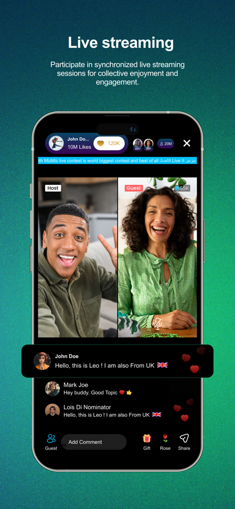 MizMiz - MizMiz App-Oberfläche, die einen Split-Screen-Livestream mit einem Host und Gast neben einem Echtzeit-Chat-Bereich zeigt