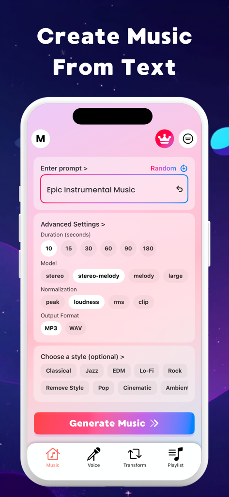 BeatBot: AI Music Generator - BeatBot app interface for creating music from text prompts with customizable settings