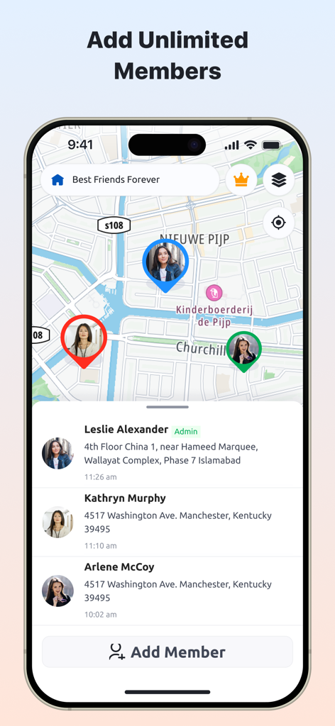 Una interfaz de aplicación móvil que muestra un mapa GPS en tiempo real con las ubicaciones de los miembros de la familia y una lista de miembros activos con sus direcciones.